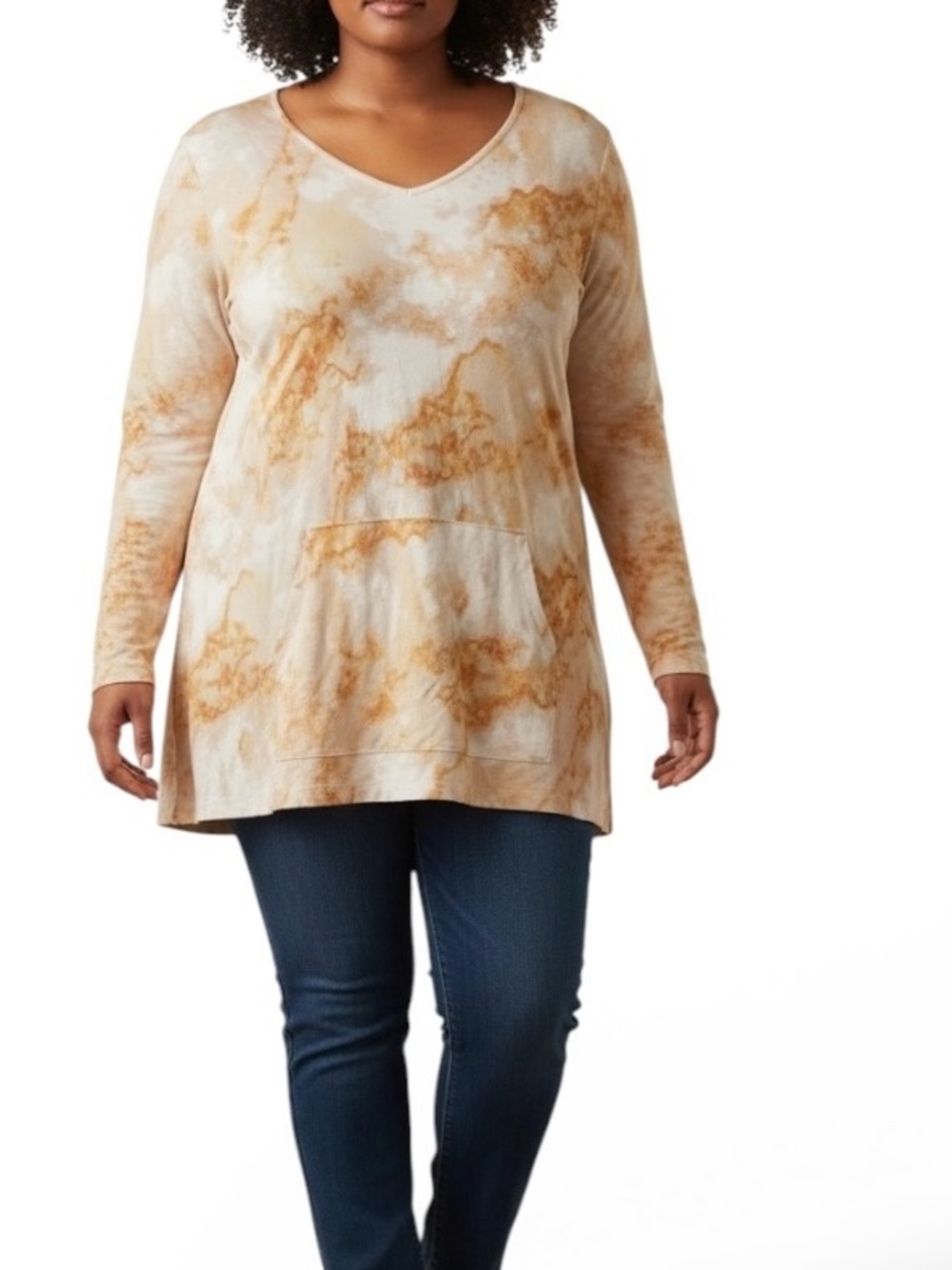 Susan Graver Cream Orange Tie Dye V Neck Pocket Top 3X EUC